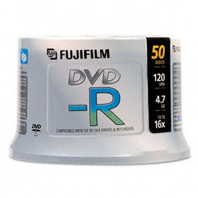 Fuji 25302082 - Inkjet Printable DVD-R Discs, 4.7GB, 16x, Spindle, White, 50/Pack
