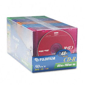 Fuji 25304150 - CD-R Discs, 700MB/80min, 48x, w/Slim Jewel Cases, Assorted Colors, 50/Pack