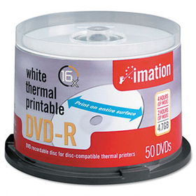 Thermal Printable DVD-R Discs, 4.7GB, 16x, Spindle, White, 50/Packimation 