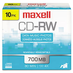 CD-RW Discs, 700MB/80min, 4x, Silver, 10/Packmaxell 