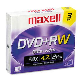 DVD+RW Discs, 4.7GB, 4x, w/Jewel Cases, Silver, 3/Packmaxell 