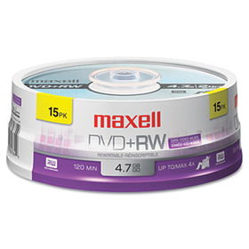 DVD+RW Discs, 4.7GB, 4x, Spindle, Silver, 15/Packmaxell 