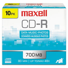 CD-R Discs, 700MB/80min, 48x, w/Slim Jewel Cases, Silver, 10/Packmaxell 