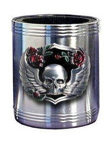 Can Cooler - Pewter Emblem Skull and Roses