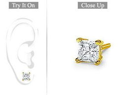 Mens 18K Yellow Gold : Princess Cut Diamond Stud Earring  1.00 CT. TW.