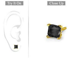 Mens 14K Yellow Gold : Princess Cut Black Diamond Stud Earring - 1.50 CT. TW.