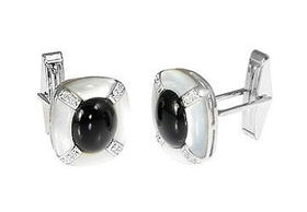 Onyx, Pearl and CZ Sterling Silver Cufflinks