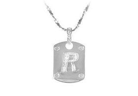 Dog Tag R CZ Sterling Silver Pendant