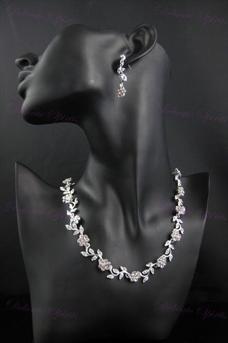 Floral Fantasy Bridal Wedding Silver Rhinestone Flower Necklace Earrings Set