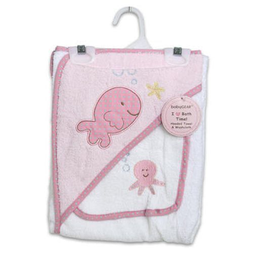 Hooded Towel And Wash Cloth Pink Fish Print Case Pack 48