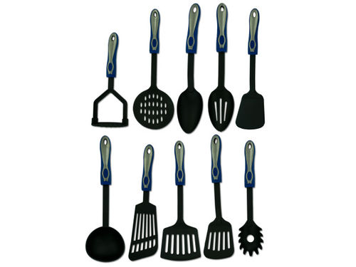 Nylon kitchen utensils with blue and silver handles, assorted