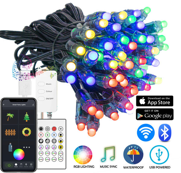 Smart App Christmas Tree RGB LED Color Changing Lights - App Controlled, WiFi, Bluetooth, Remote, Music Sync - Indoor Outdoor Multicolor Twinkly String Lights