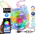 50 LED Fairy String Bluetooth RGB Lights  Indoor/Outdoor Waterproof USB Multi Color Changing Flexible Copper Wire Lights w/ Sync Music & Dynamic Modes - 16 Feet In Length