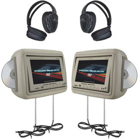 POWER ACOUSTIK HDVD-9BG 8.8"" Preloaded Universal Headrest Monitors with Twin DVD Player Combo & 2 Pair of Headphones (Beige)power 
