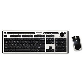 Fellowes 9893401 - Slimline Wireless Antimicrobial Multimedia Keyboard, 122 Keys, Black/Silver