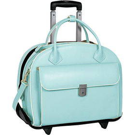 15.4" Glen Ellyn Aqua Blue Italian Leather Detachable-Wheeled Ladies' Notebook Briefcaseglen 