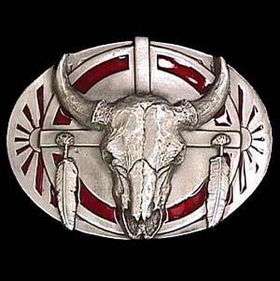 Pewter Belt Buckle - Buffalo Skull/Featherspewter 