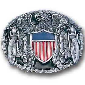 Pewter Belt Buckle - Two Bikers with American Shieldpewter 