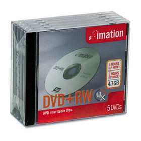 DVD+RW Discs, 4.7GB, 4x, w/Jewel Cases, Silver, 5/Packimation 