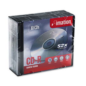 CD-R Discs, 700MB/80min, 52x, w/Slim Jewel Cases, Silver, 10/Packimation 