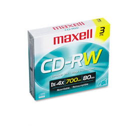 Maxell 630030 - CD-RW Discs, 700MB/80min, 4x, w/Slim Jewel Cases, Silver, 3/Pack