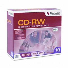 CD-RW Discs, 700MB/80min, 12x, w/Slim Jewel Cases, Silver, 10/Pack