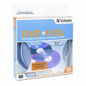 Dual-Layer DVD+R Discs, 8.5GB, 2.4x, Spindle, 10/Pack, Silververbatim 