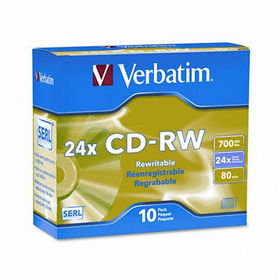 Verbatim 95174 - CD-RW Discs, 700MB/80min, 24x, w/Slim Jewel Cases, Matte Silver, 10/Pack