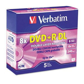 Dual-Layer DVD+R Discs, 8.5GB, 8x, w/Jewel Cases, 5/Pack, Silververbatim 