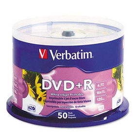 Inkjet Printable DVD+R Discs, White, 50/Packverbatim 