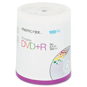 Inkjet Printable DVD+R Discs, 4.7GB, 16x, Spindle, Matte White, 100/Packmemorex 