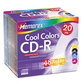 Memorex 04620 - CD-R Discs, 700MB/80min, 48x, Slim Jewel Cases, Assorted Colors, 20/Packmemorex 