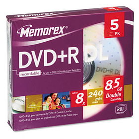 Dual-Layer DVD+R Discs, 8.5GB, 5/Packmemorex 