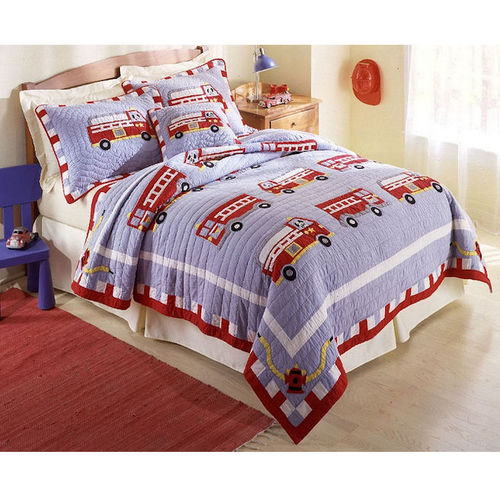 Cotton Fire Truck Full / Queen Quilt with 2 Shamscotton 