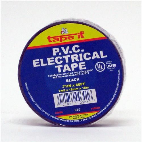 Black UL Electrical PVC Tape 3/4" x 60' Roll Case Pack 10black 
