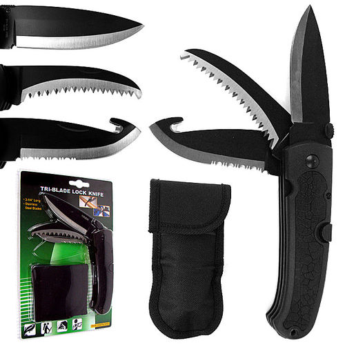 Durable Stainless Steel Tri-Blade Knife w/ Carrying Bag