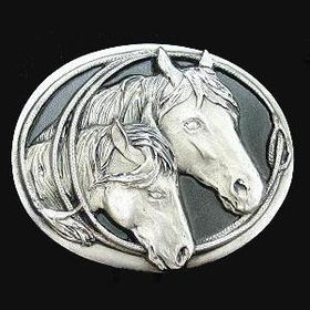 Pewter Belt Buckle - Horse Heads (Diamond Cut)pewter 