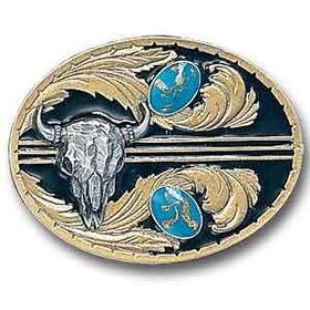 Pewter Belt Buckle -  Stones with Buffalo Skull(Gold Vivatone)pewter 