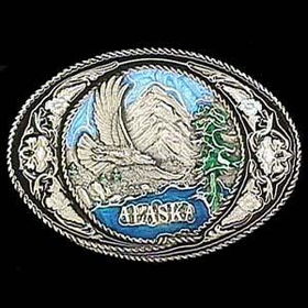 Pewter Belt Buckle - Alaska with Western Scrollpewter 