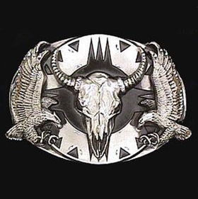 Pewter Belt Buckle - Buffalo Skull/Eagles (Diamond Cut)pewter 