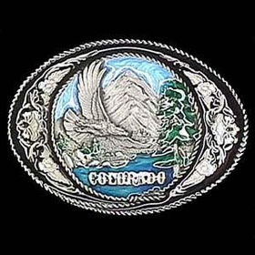 Pewter Belt Buckle - Colorado with Western Scrollpewter 