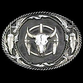 Pewter Belt Buckle - Buffalo Skull/Featherspewter 