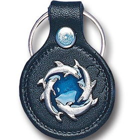 Small Leather & Pewter Key Ring - Circle of Dolphins