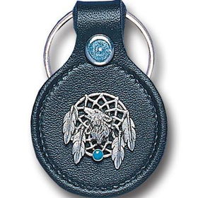 Small Leather & Pewter Key Ring - Wolf & Dream Catcher