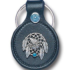 Small Leather & Pewter Key Ring - Wolf & Dream Catchersmall 
