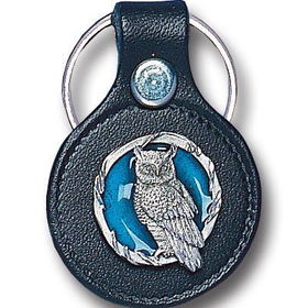 Small Leather & Pewter Key Ring - Owl in Circle