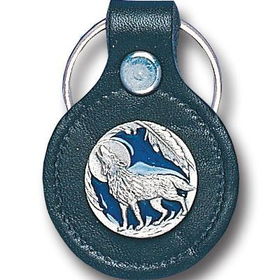 Small Leather & Pewter Key Ring - Wolf in Circle