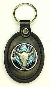 Large Deluxe Leather & Pewter Key Ring - Buffalo Skull