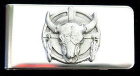 Sculpted Pewter Moneyclip - Shield with Buffalo Skull