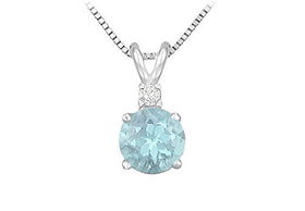 Diamond and Aquamarine Solitaire Pendant : 14K White Gold - 1.00 CT TGWdiamond 